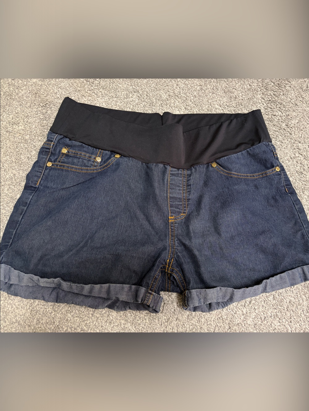 Dark Blue Maternity Jean Shorts with Black Stretch Waistband
